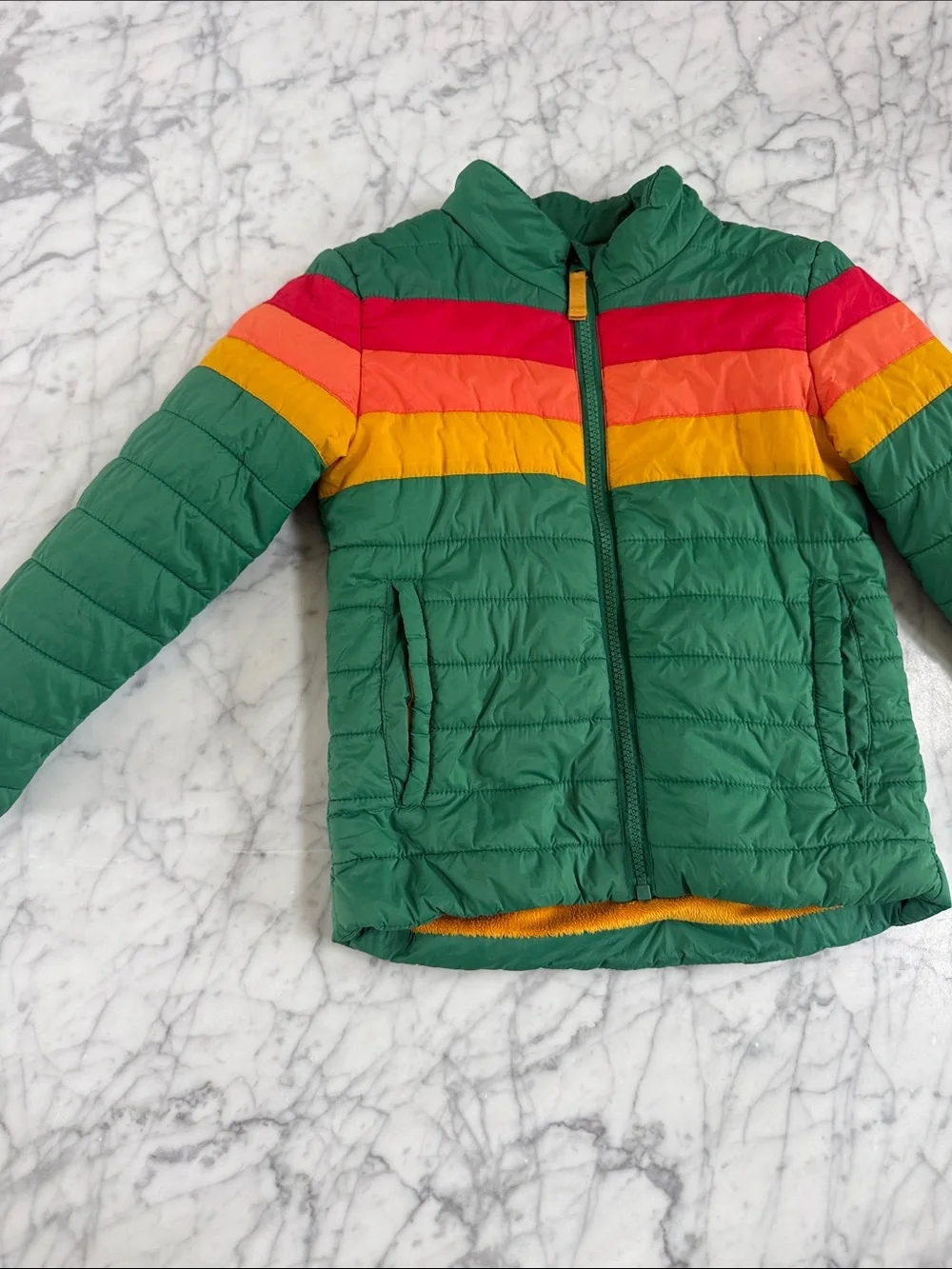 Kids Green Puffer Jacket Rainbow Stripes Colorblock Cat Jack Sz 5T